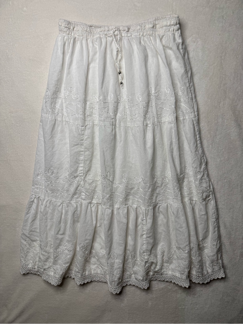 Sunflower 100% Cotton White Embroidered Tiered Maxi Skirt with Drawstring Waist